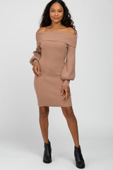 Taupe Off Shoulder Bubble Sleeve Sweater Dress