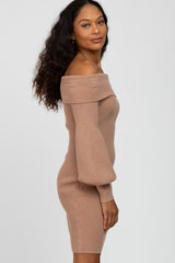 Taupe Off Shoulder Bubble Sleeve Sweater Dress