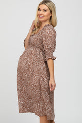 Mocha Animal Print Smocked Maternity Midi Dress