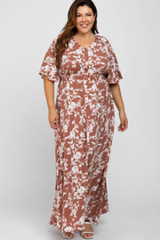 Rust Floral Button Front Plus Maxi Dress