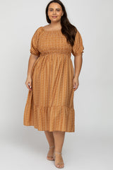 Camel Leaf Print Smocked Plus Midi Dress