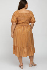 Camel Leaf Print Smocked Plus Midi Dress