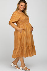 Camel Leaf Print Smocked Maternity Plus Midi Dress