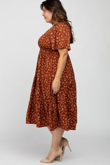 Rust Floral Smocked Tiered Plus Midi Dress