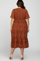 Rust Floral Smocked Tiered Plus Midi Dress