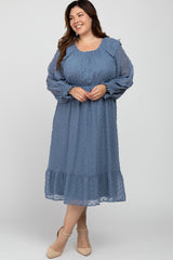 Blue Chiffon Dotted Ruffle Sleeve Plus Midi Dress