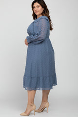 Blue Chiffon Dotted Ruffle Sleeve Plus Midi Dress