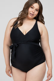 Black Waist Tie Maternity Plus One-Piece Swimsuit