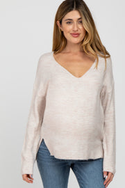 Beige Soft Knit V-Neck Maternity Sweater