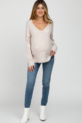 Beige Soft Knit V-Neck Maternity Sweater