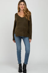 Olive Soft Knit V-Neck Maternity Sweater