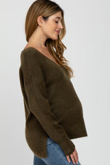 Olive Soft Knit V-Neck Maternity Sweater