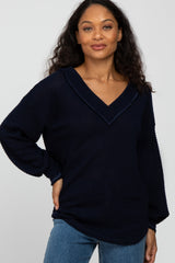 Navy Waffle Knit V-Neck Top