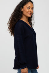 Navy Waffle Knit V-Neck Top