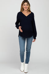 Navy Waffle Knit V-Neck Maternity Top