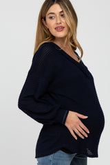 Navy Waffle Knit V-Neck Maternity Top