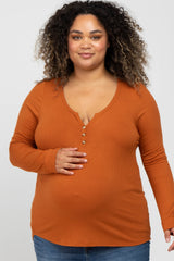 Rust Ribbed Button Front Maternity Plus Top