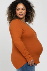 Rust Ribbed Button Front Maternity Plus Top