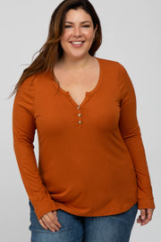 Rust Ribbed Button Front Plus Top