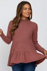 Mauve Brushed Tiered Mock Neck Maternity Top