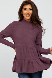 Plum Brushed Tiered Mock Neck Top