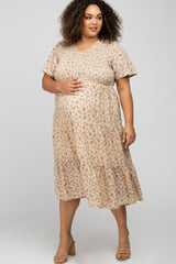 Cream Floral Smocked Tiered Maternity Plus Midi Dress