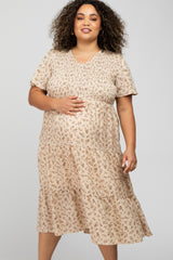 Cream Floral Smocked Tiered Maternity Plus Midi Dress