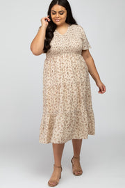 Cream Floral Smocked Tiered Plus Midi Dress