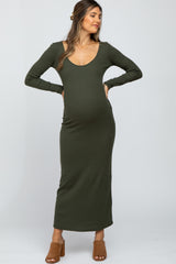 Olive Ribbed Long Sleeve Maternity Maxi Dress