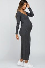 Charcoal Ribbed Long Sleeve Maternity Maxi Dress