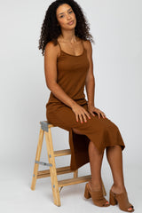 Rust Ribbed Sleeveless Midi Dress