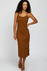 Rust Ribbed Sleeveless Midi Dress