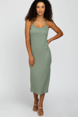 Light Olive Ribbed Sleeveless Maternity Midi Dress