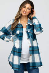 Teal Plaid Brushed Button Down Maternity Over Shirt