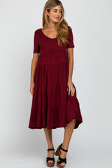 Burgundy Basic Tiered Maternity Midi Dress