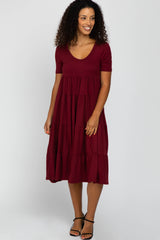 Burgundy Basic Tiered Maternity Midi Dress