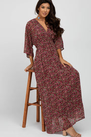 Burgundy Floral V-Neck Maxi Dress