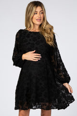 Black Chiffon Flocked Floral Petite Maternity Dress