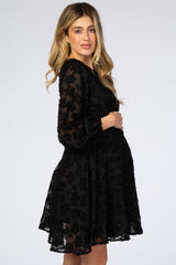 Black Chiffon Flocked Floral Petite Maternity Dress