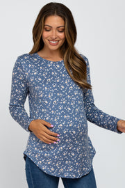 Blue Floral Long Sleeve Maternity Top