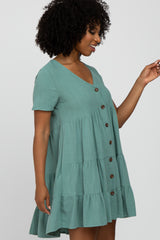 Light Olive Linen Tiered Button Front  Dress