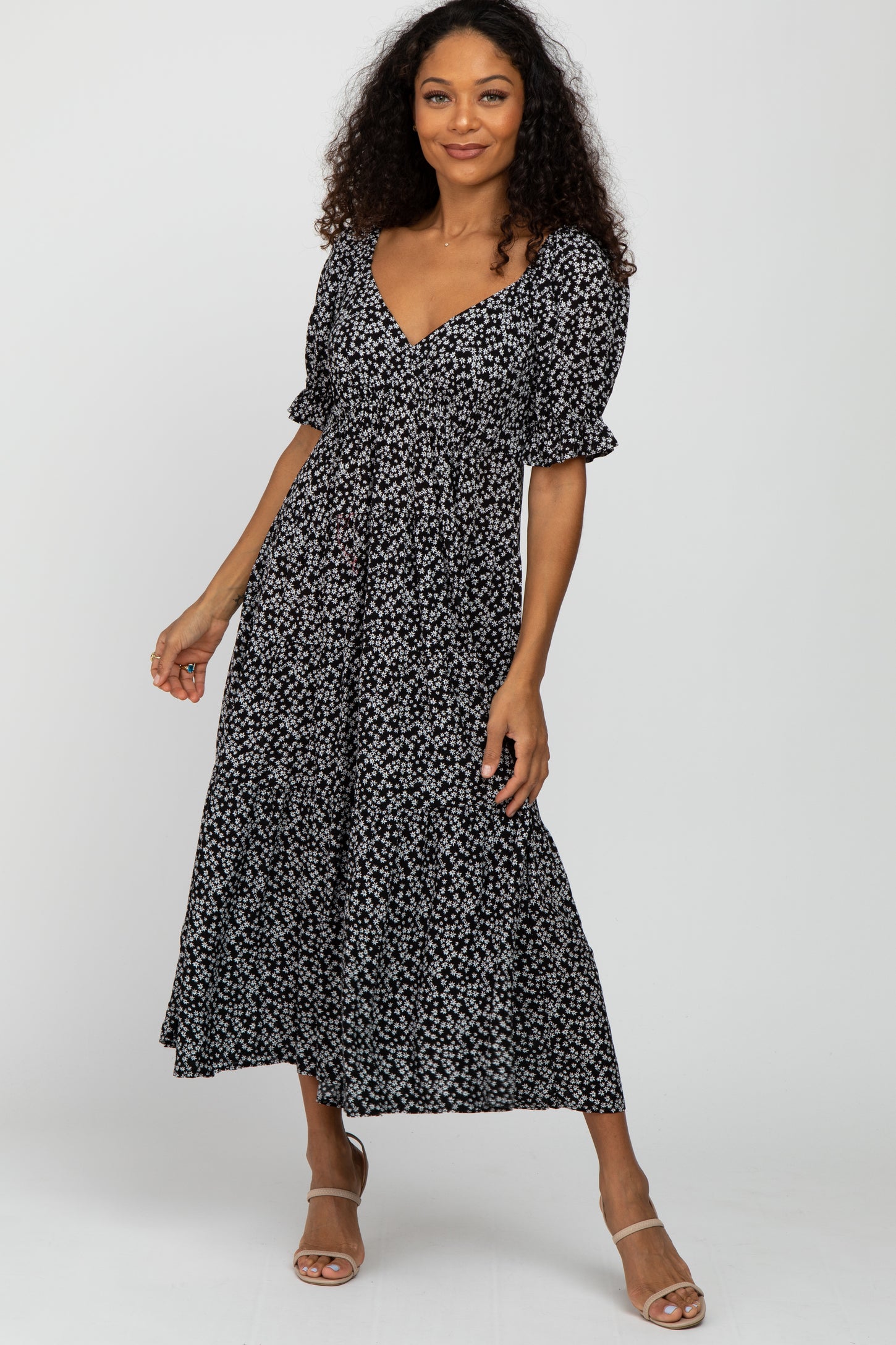 Black Floral V-Neck Ruffle Sleeve Midi Dress – PinkBlush