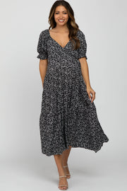 Black Floral V-Neck Ruffle Sleeve Maternity Midi Dress