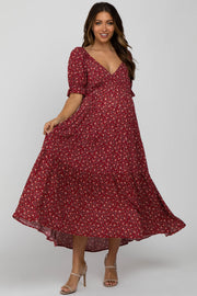 Red Floral V-Neck Ruffle Sleeve Maternity Midi Dress