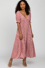 Pink Floral Floral V-Neck Ruffle Sleeve Midi Dress