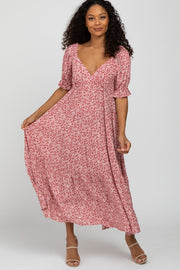 Pink Floral Floral V-Neck Ruffle Sleeve Midi Dress