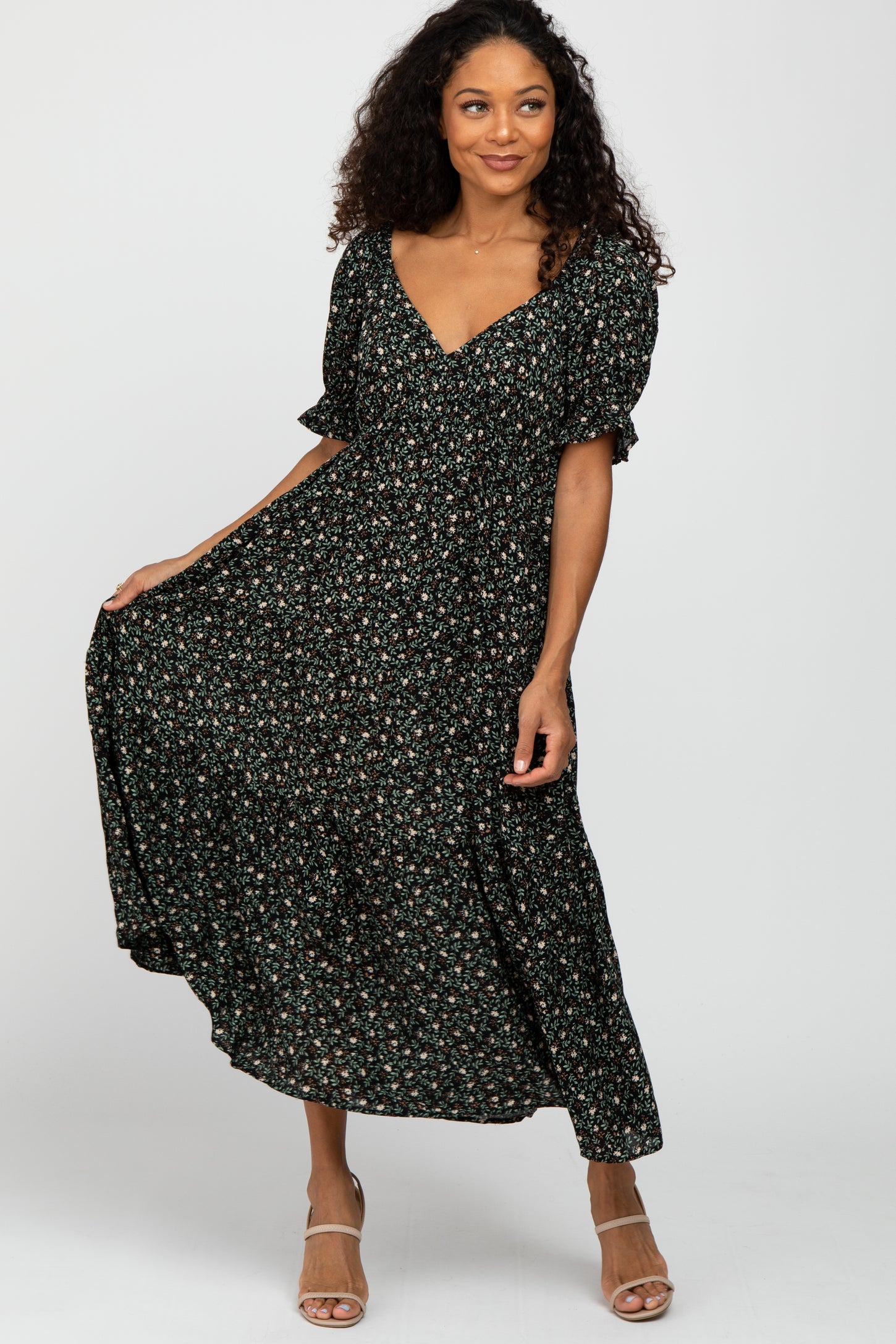 Green Floral V-Neck Ruffle Sleeve Midi Dress – PinkBlush