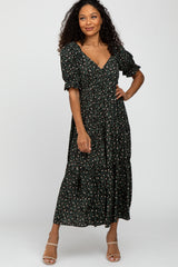 Green Floral V-Neck Ruffle Sleeve Midi Dress