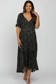 Green Floral V-Neck Ruffle Sleeve Maternity Midi Dress