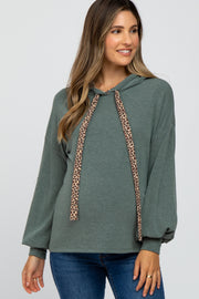 Olive Animal Print Drawstring Maternity Hooded Top